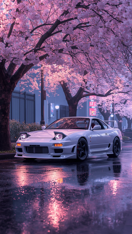 JDM Car Under Cherry Blossoms 4K Wallpaper | Aesthetic Japanese Night Street